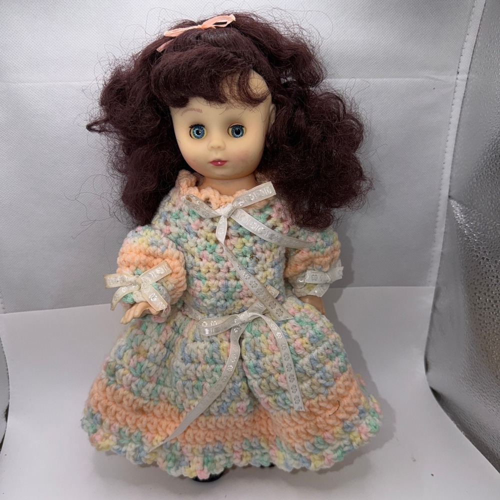 F.C.M. Vintage Doll 12"‎ Brunette Blue Sleep Eyes Crochet Dress